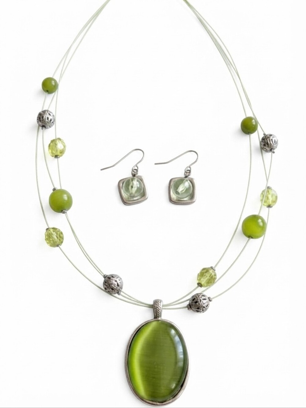 Green Cat's Eye & Peridot Bead 2-Piece Necklace & Earring Set - NWOT